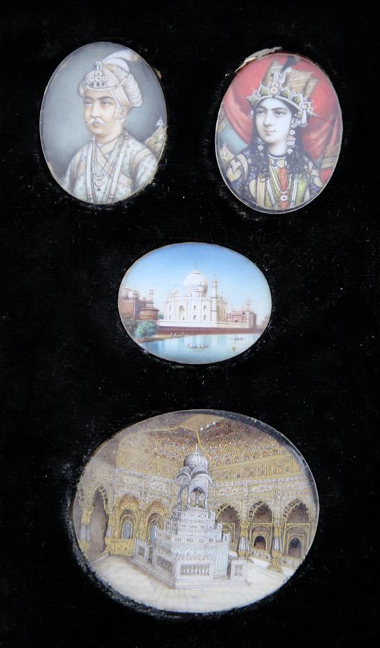 19th century Indian School Miniatures of a nobleman and princess, and views of a temple and a temple interior, largest 1.5 x 2in.